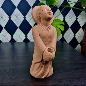 Terracotta Angel Cherub Candleholder, 9” Folk Clay Sculpture Vintage Rustic Boho